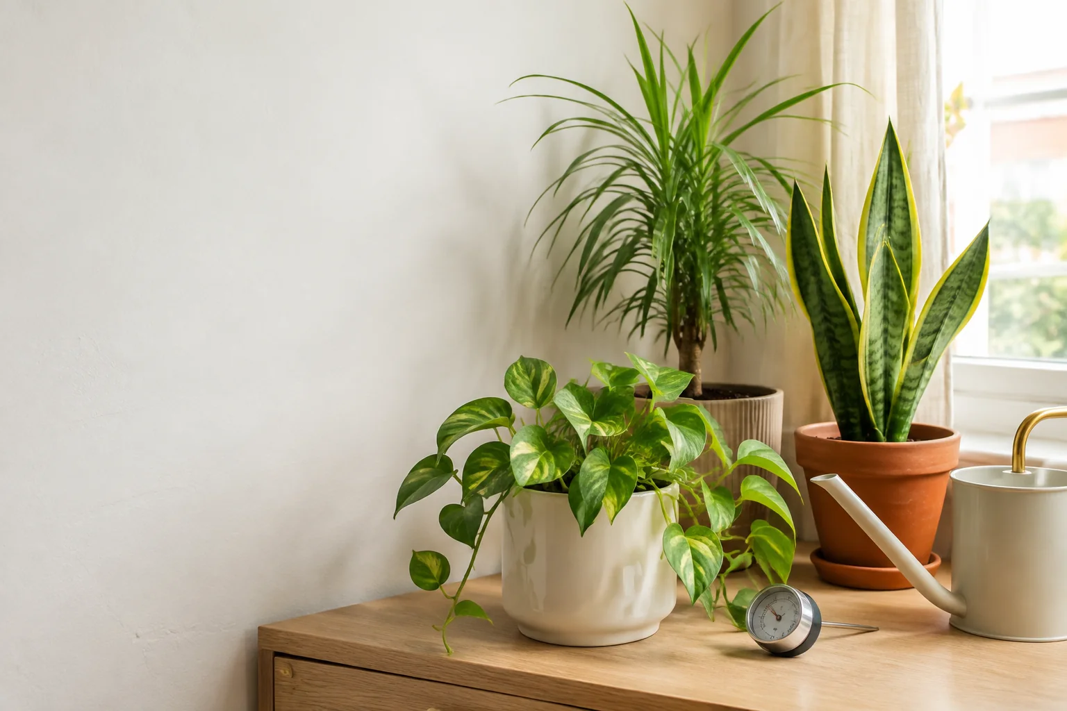 Plantas de interior junto a un medidor de humedad y una regadera