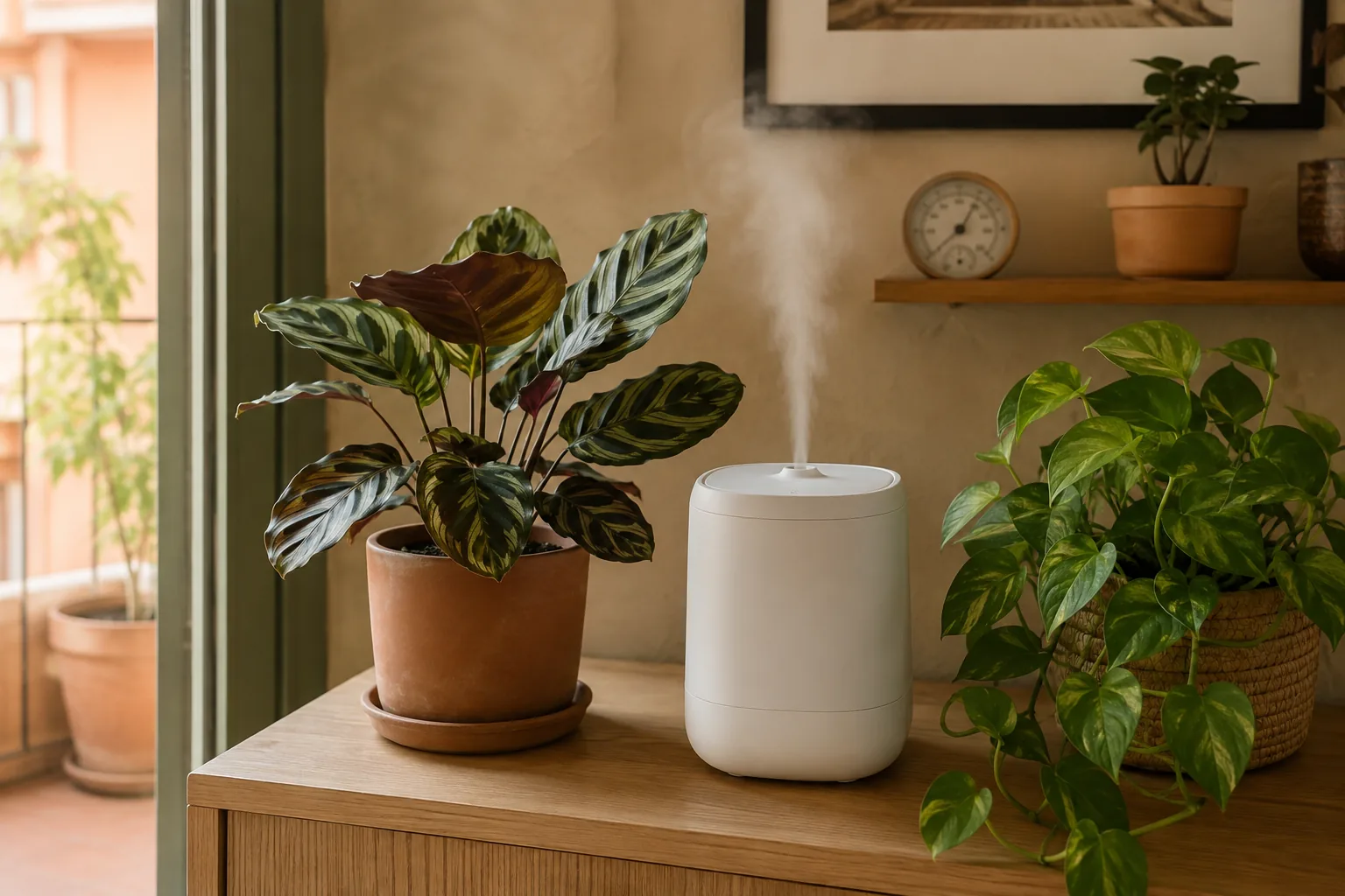 Humidificador junto a plantas de interior en una habitación doméstica