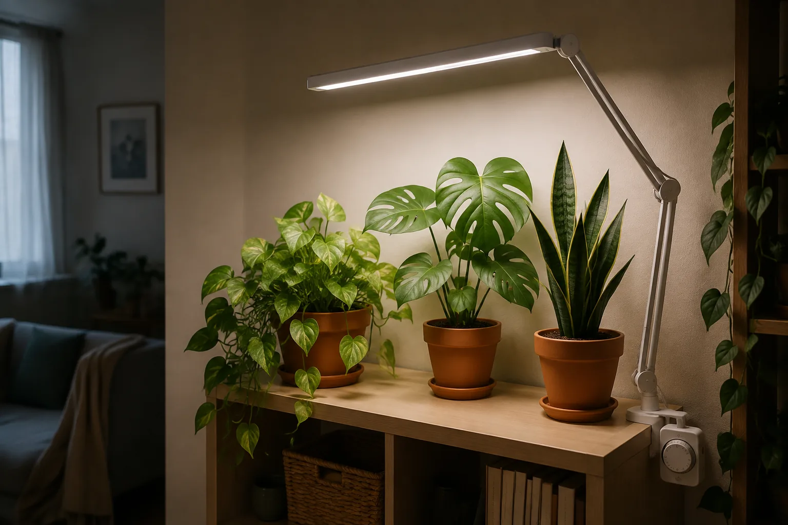 Lámpara de cultivo LED iluminando plantas de interior