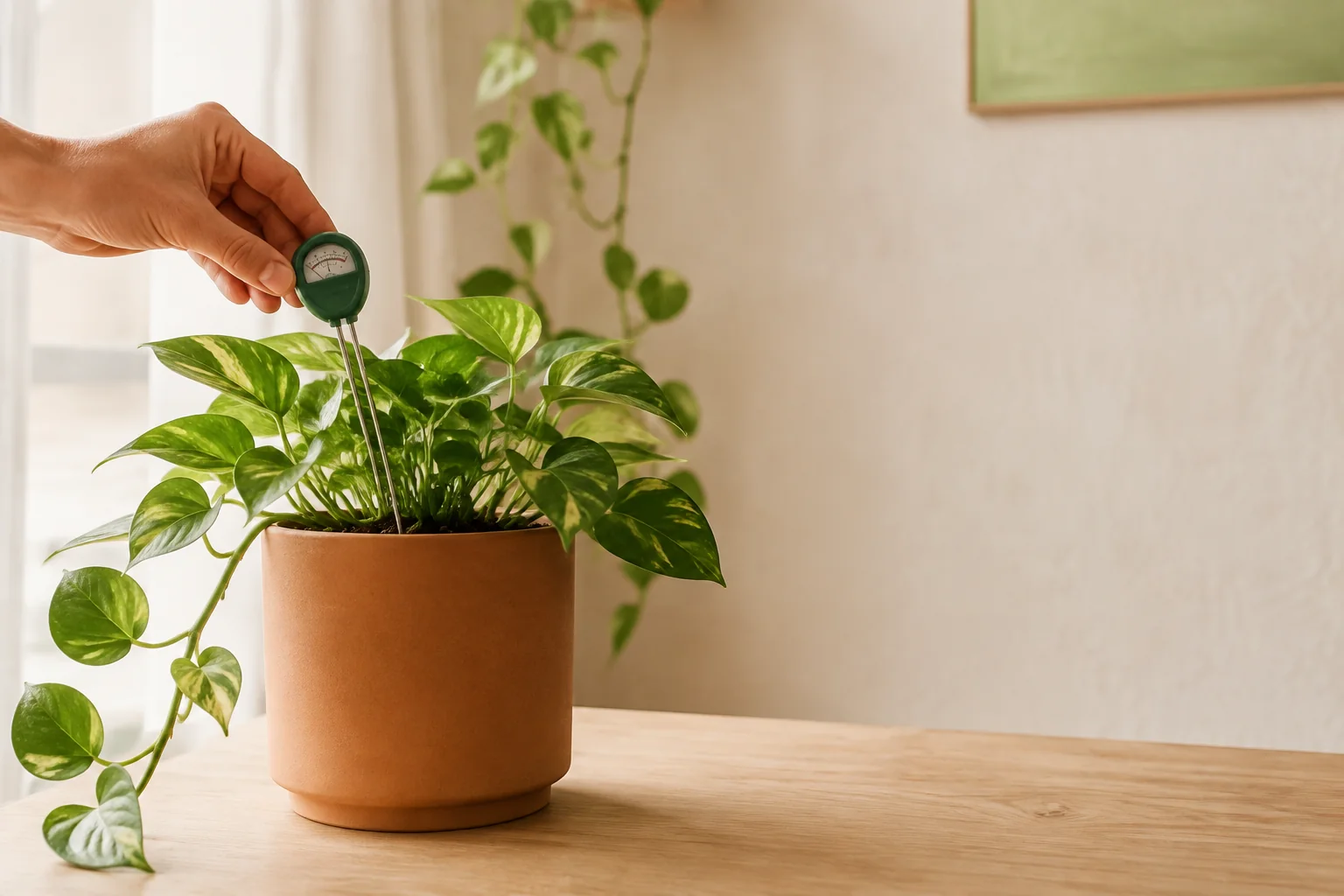 Uso orientativo de un medidor de humedad en una maceta de pothos