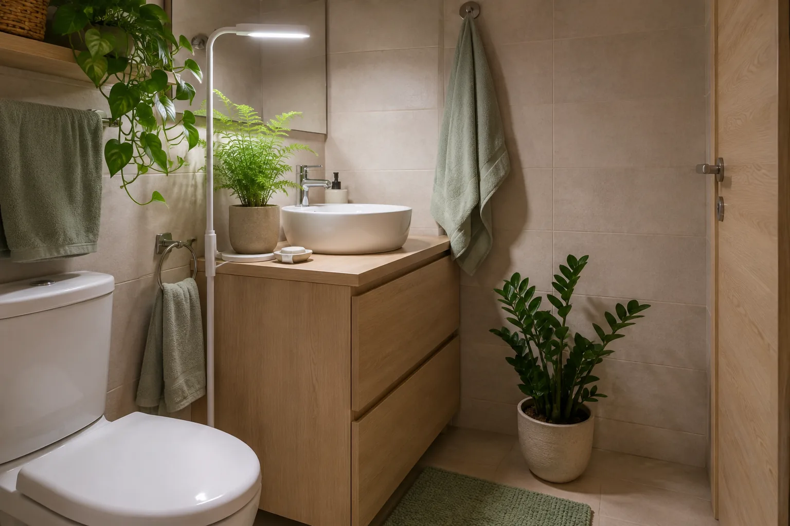 Plantas de interior en un baño con luz de apoyo