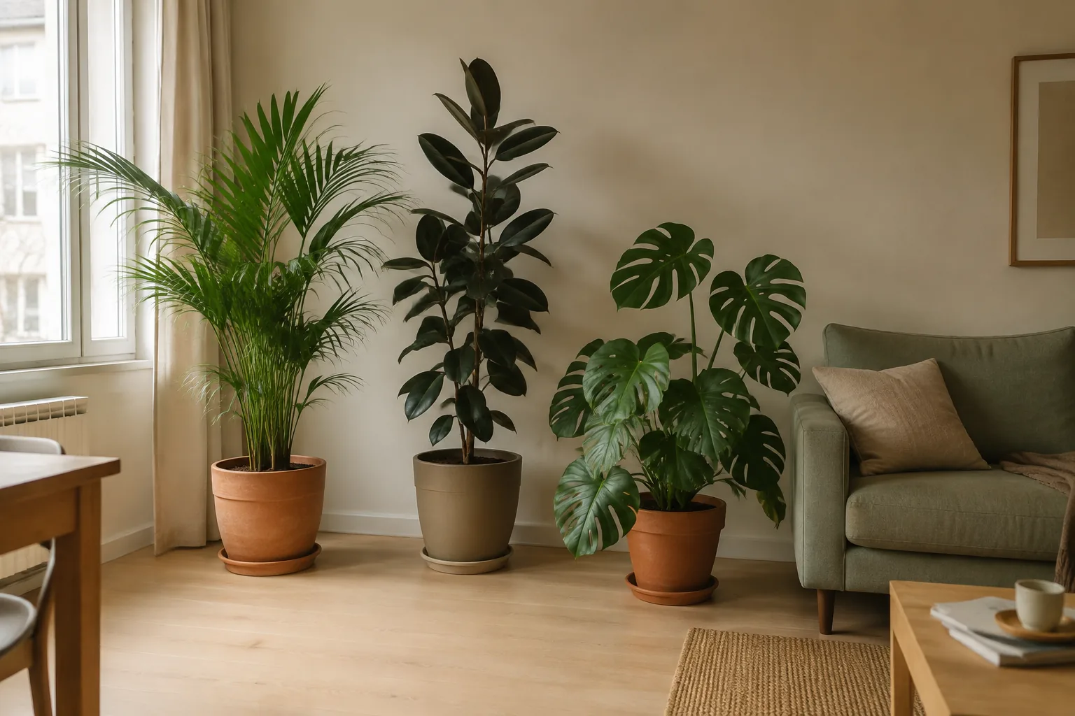 Plantas grandes colocadas en un salón con poca luz