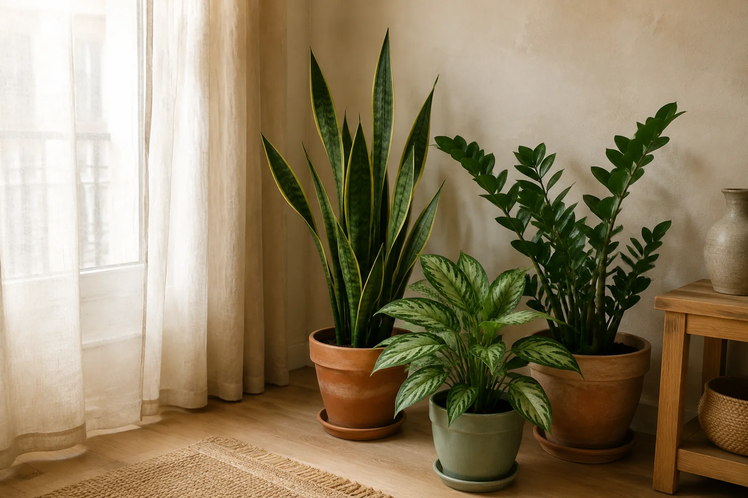 Sansevieria, zamioculca y aglaonema cerca de una ventana con luz indirecta
