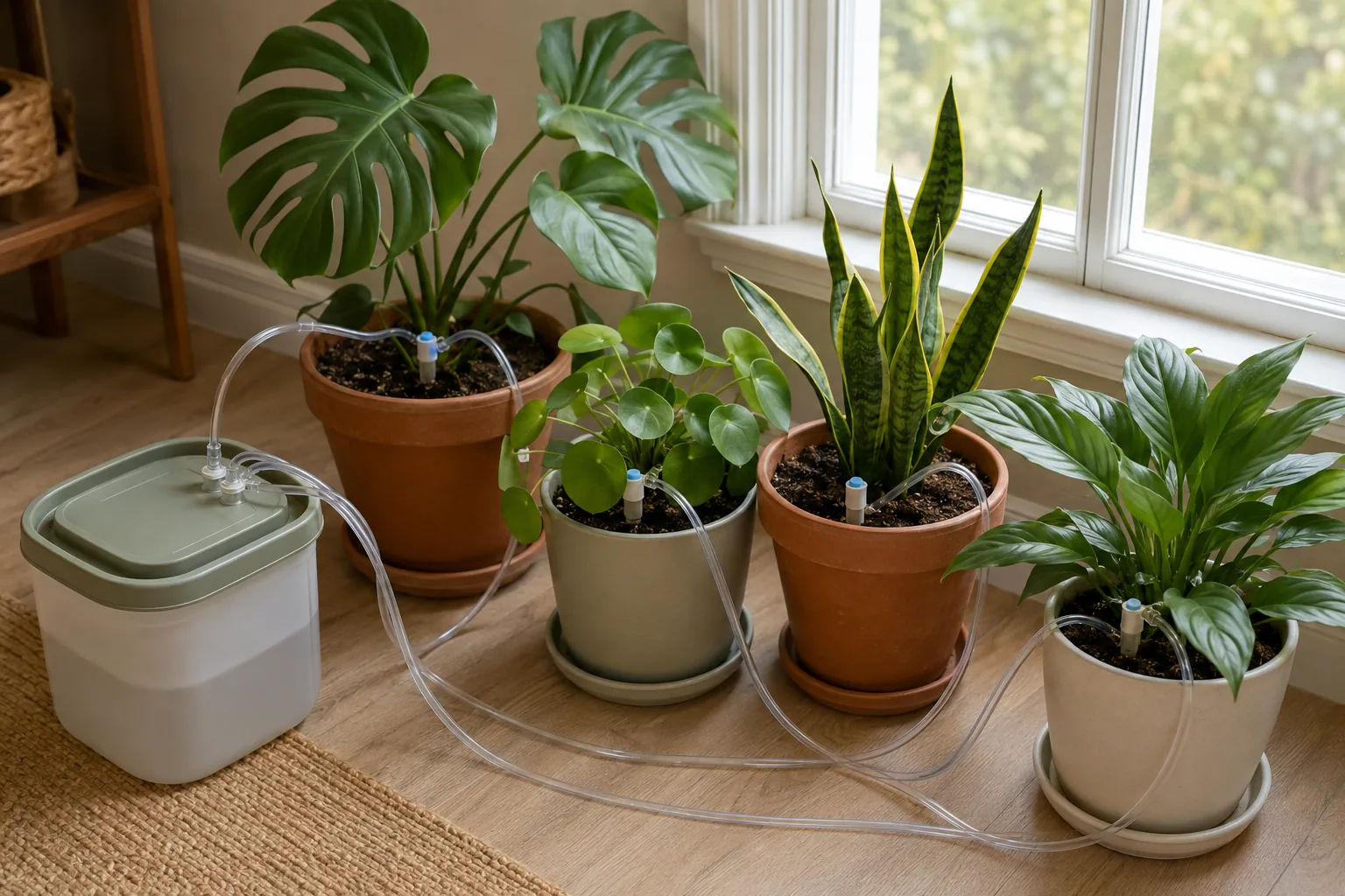 Riego por goteo para plantas de interior durante unas vacaciones