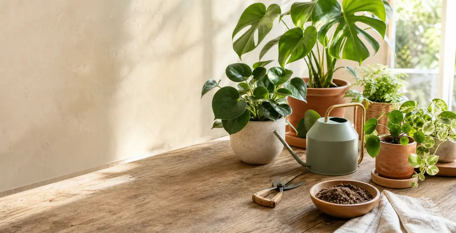 Mesa de cuidados con plantas, regadera, tijeras y sustrato