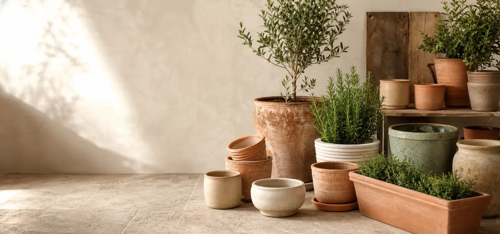 Colección de macetas de terracota y jardineras