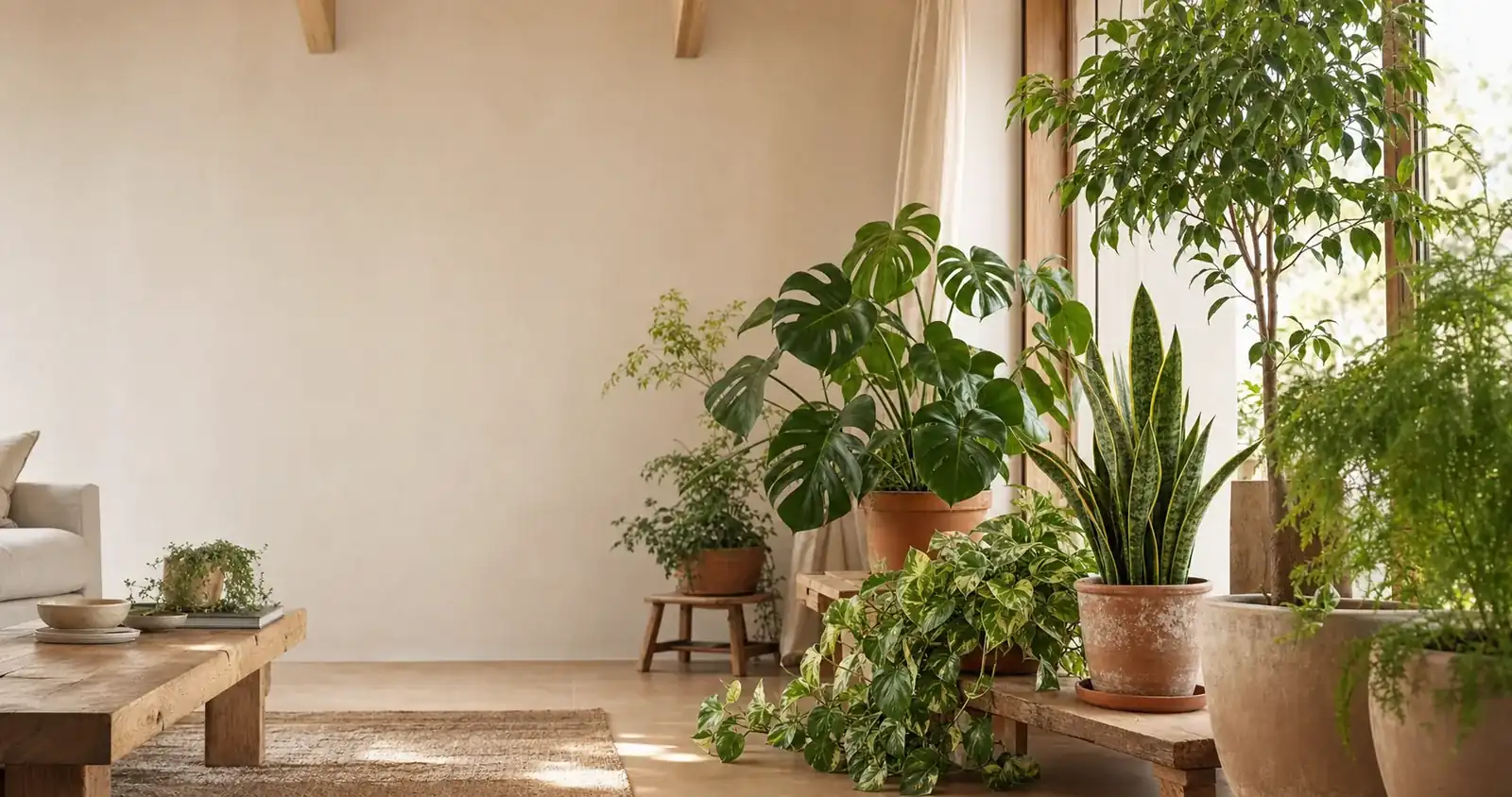 Salón mediterráneo con plantas de interior junto a una ventana