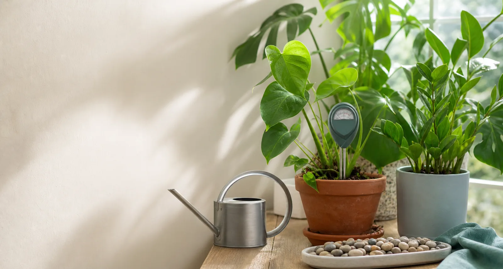 Regadera y medidor de humedad junto a plantas de interior