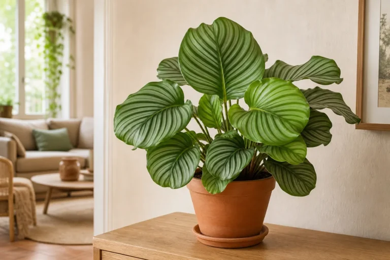 Calathea de interior en maceta junto a una ventana