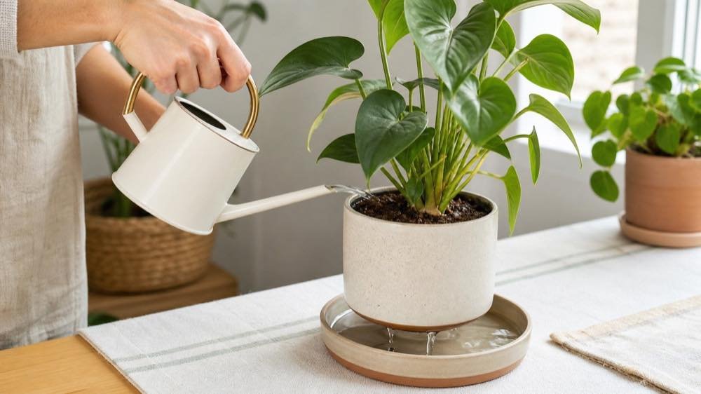 Cómo regar plantas de interior correctamente con drenaje hacia un plato