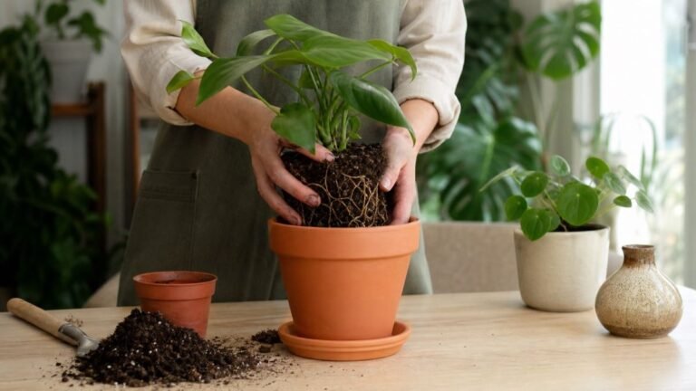 Manos trasplantando una planta de interior a una maceta con drenaje