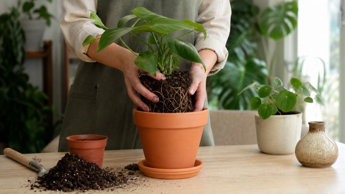 Manos trasplantando una planta de interior a una maceta con drenaje
