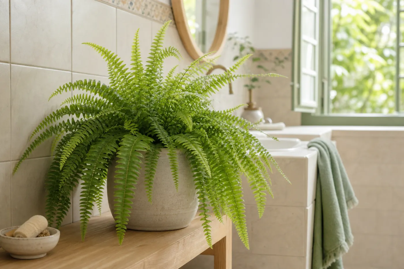 Helecho de interior en un baño luminoso