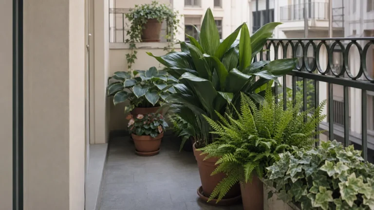 Balcón estrecho con plantas verdes en macetas y helechos en zona de sombra