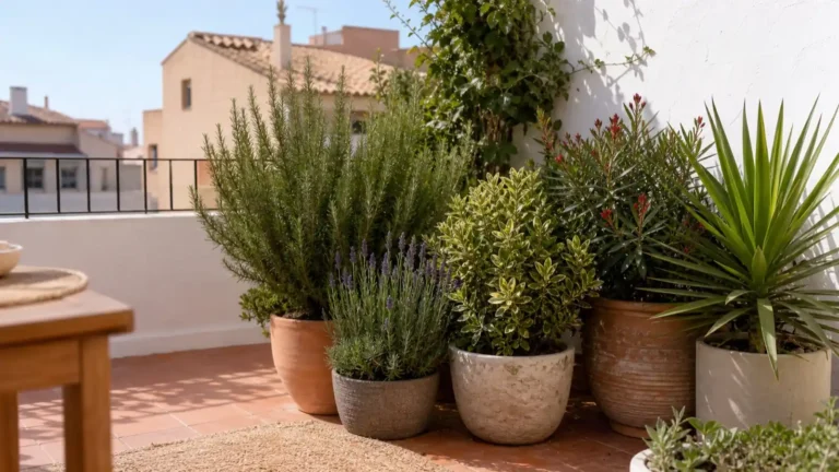 Terraza soleada con plantas mediterráneas en macetas de barro y cerámica