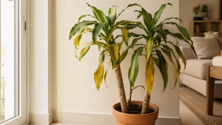 Tronco de Brasil en maceta con hojas amarillas junto a una ventana interior