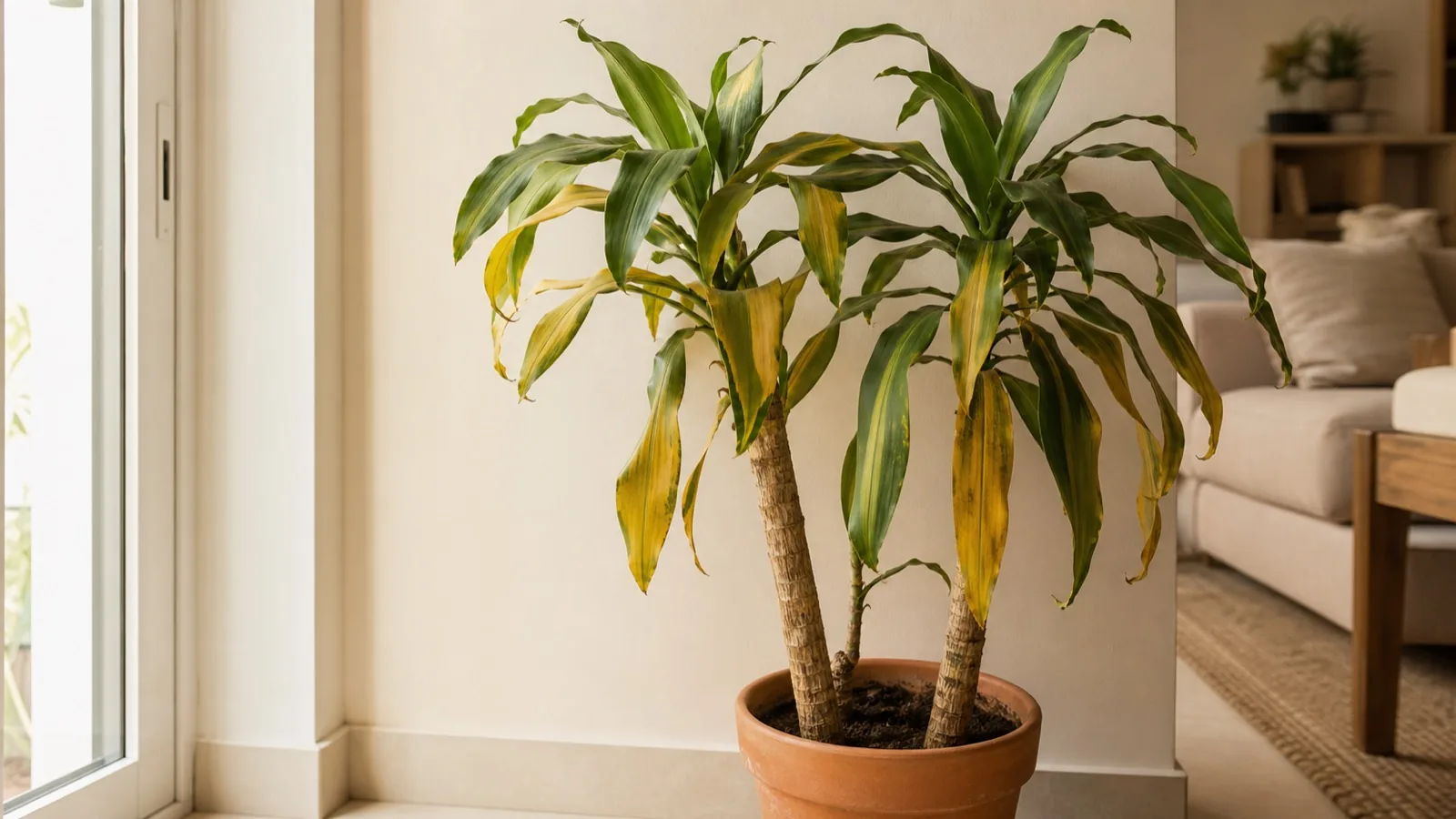 Tronco de Brasil en maceta con hojas amarillas junto a una ventana interior